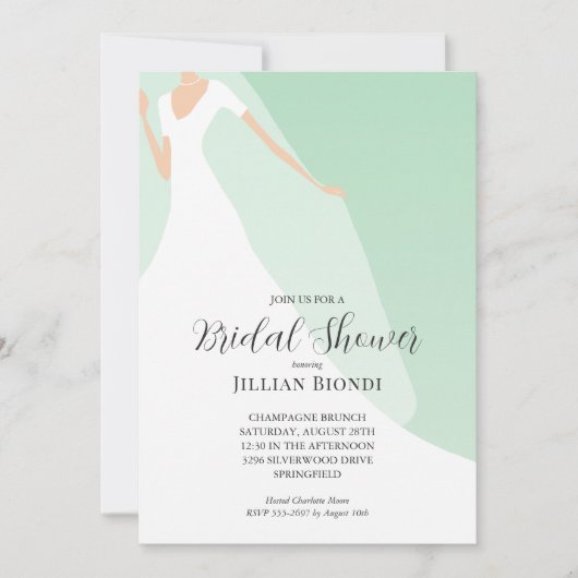 Bruidsjurk en sluier op een mintgroene baby shower kaart (Voorkant)