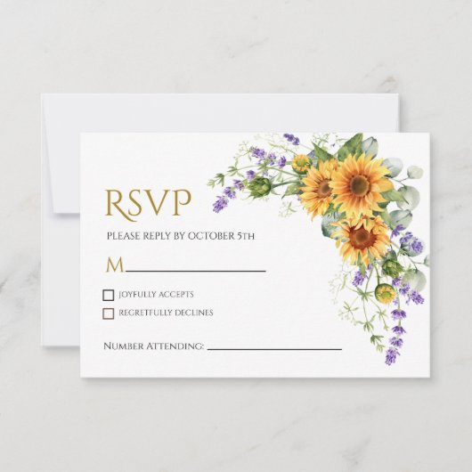 Bruidskaart met zonnnebloemen en lavendel RSVP (Voorkant)