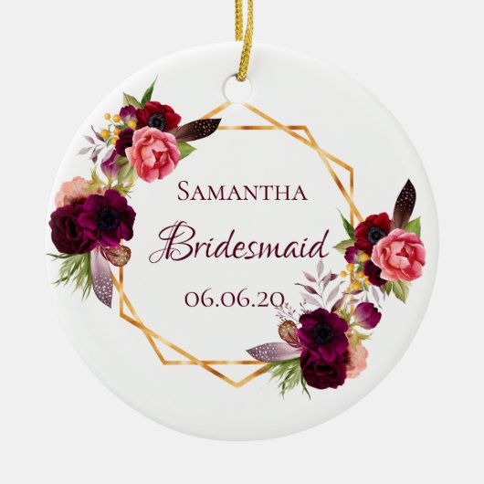 Bruidsmeisje aquarel bloemen burgundy wit keramisch ornament (Voorkant)