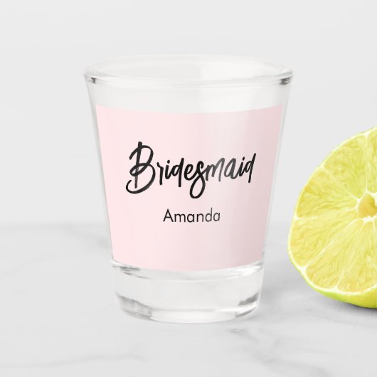 Bruidsmeisje Blush Roze Kalligrafie Script Shot Glas (Voorkant)
