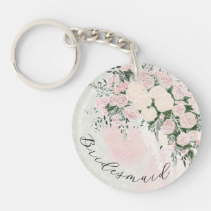 Bruidsmeisje Blush strik en Roze Wisteria Boeket Sleutelhanger