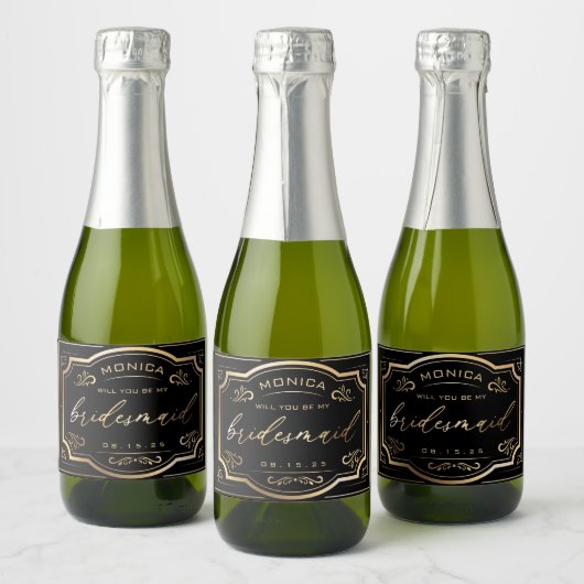 bruidsmeisje Champagne Label Zwart en Goud Sparkling Wijnetiket (Flessen)