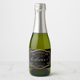 bruidsmeisje Champagne Label Zwart en Goud Sparkling Wijnetiket