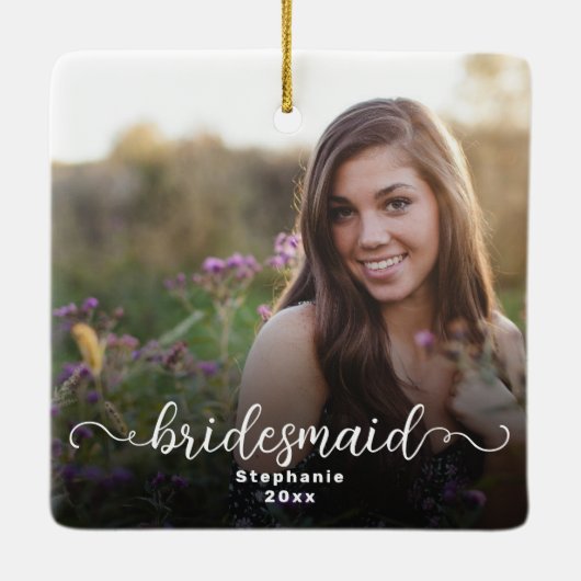 Bruidsmeisje Dubbelzijdig Curly Script Overlay Fot Keramisch Ornament (Achterkant)