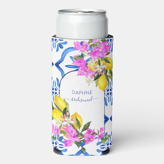 Bruidsmeisje geschenken blauw tegels bougainvillea (Seltzer Voorkant)
