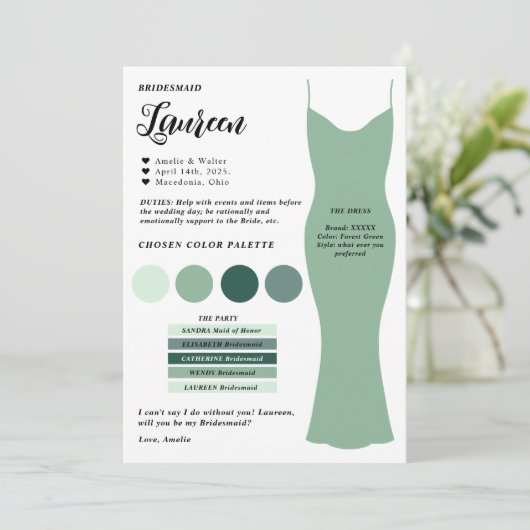 Bruidsmeisje info kaart sjabloon Voorstel Kaart (Staand voorkant)