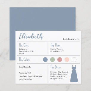 Bruidsmeisje informatiekaart met stoffige blauwe j