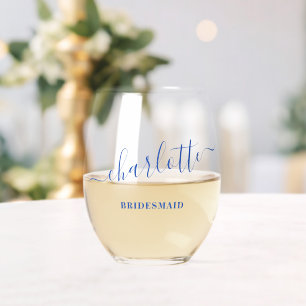 Bruidsmeisje Modern Blauwe Script Naam Bruiloft Fe Wijnglas Zonder Voet