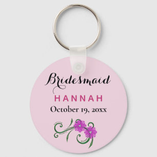 Bruidsmeisje Moderne Typografie Roze Bloemen Trouw Sleutelhanger