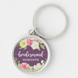 Bruidsmeisje Naam Paarse Waterverf Bloemen Sleutel Sleutelhanger