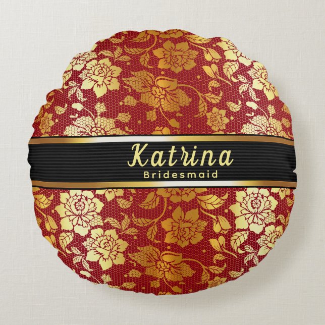Bruidsmeisje Naam Rood Goud Glitter Bruiloft Rond Kussen (Voorkant)