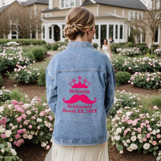 bruidsmeisje roze tiara naam snor datum bruiloft denim jacket (Huwelijk Achterkant)