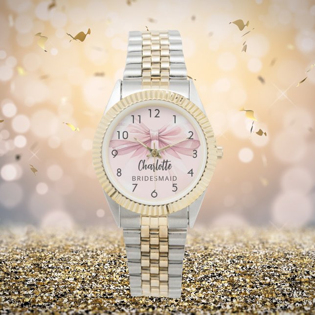 Bruidsmeisje strik blush roze naam horloge (Creator heeft geüpload)