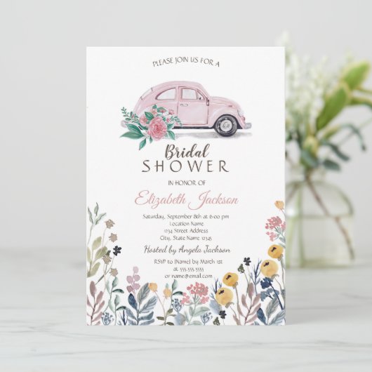 Bruidsmeubel Roze Auto Bruiloft Kaart (Staand voorkant)