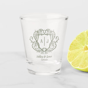 Bruidsmonogram met wingerdrank rozentuin shot glas
