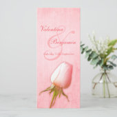 Bruidsontvangst diner menu roze roos knop kaart (Staand voorkant)