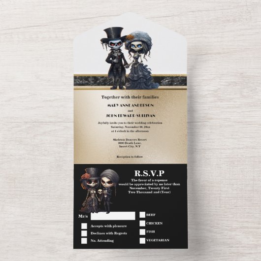 Bruidspaar skelet goud zwart elegant goth all in one uitnodiging (Binnen)