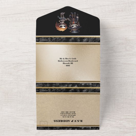 Bruidspaar skelet goud zwart elegant goth all in one uitnodiging (Buitenkant)