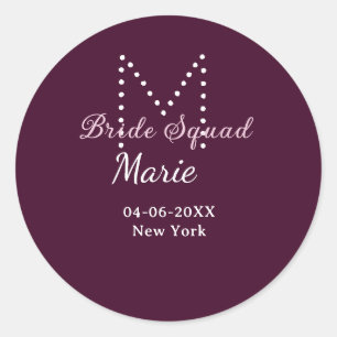 Bruidsploeg naam monogram bruidsmeisje mauve ronde sticker