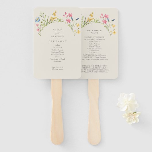 Bruidsprogramma handventilator met wilde bloemen handwaaier (Voorkant en achterkant)