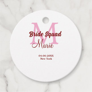 Bruidsquadron naam monogram bruidsmeisje roze datu bedankjes labels