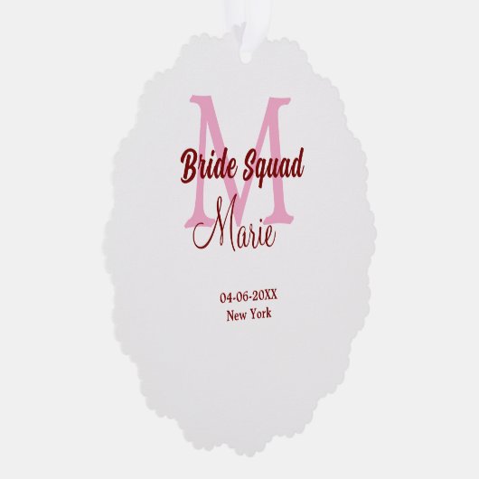 Bruidsquadron naam monogram bruidsmeisje roze datu ornament kaart (Rechts)