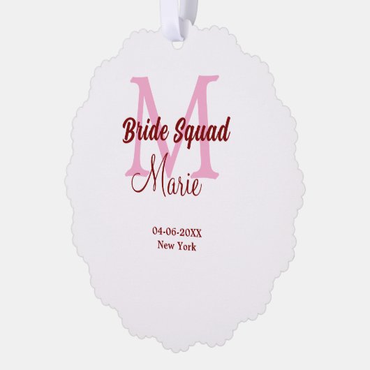 Bruidsquadron naam monogram bruidsmeisje roze datu ornament kaart (Links)