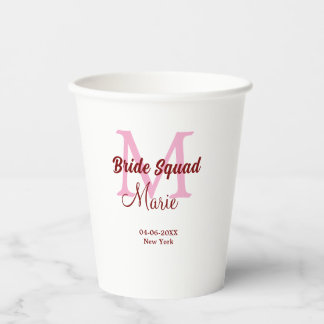 Bruidsquadron naam monogram bruidsmeisje roze datu papieren bekers