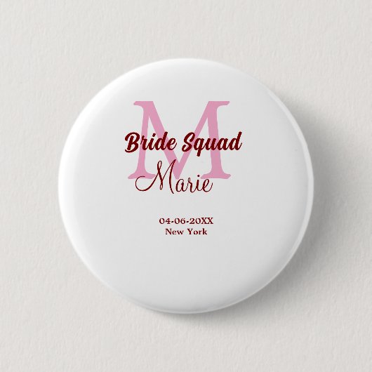 Bruidsquadron naam monogram bruidsmeisje roze datu ronde button 5,7 cm (Voorkant)