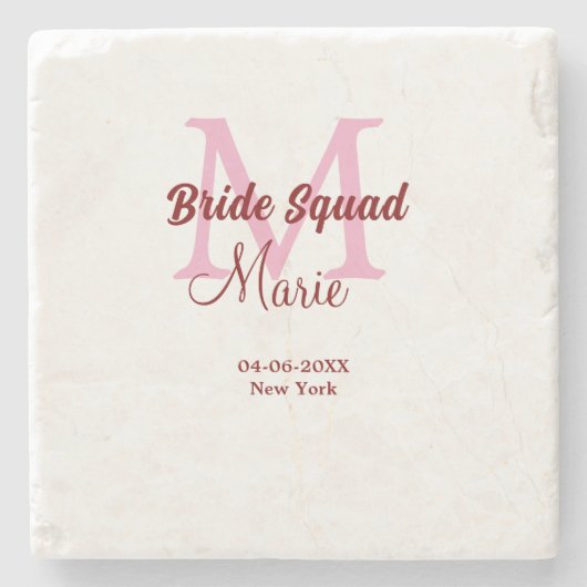 Bruidsquadron naam monogram bruidsmeisje roze datu stenen onderzetter (Voorkant)