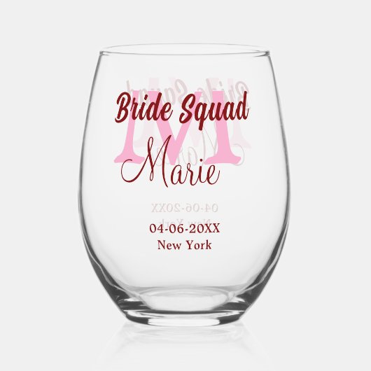 Bruidsquadron naam monogram bruidsmeisje roze datu wijnglas zonder voet (Voorkant)