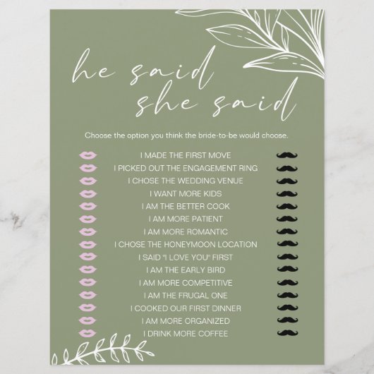 Bruidsspel Hij zei dat ze Sage Green Flowers zei (Voorkant)