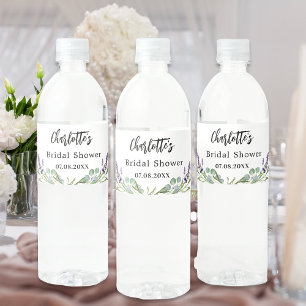 Bruidsuitnodiging lavendel bloemen eucalyptus waterfles etiket