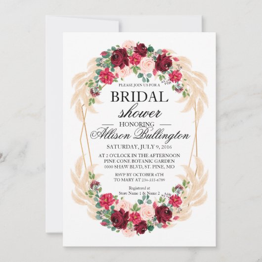 Bruidsuitnodiging marsala pioen roos pampasgras kaart (Voorkant)