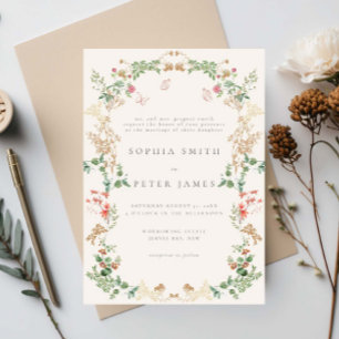 Bruidsuitnodiging met wilde bloemen en landelijke kaart