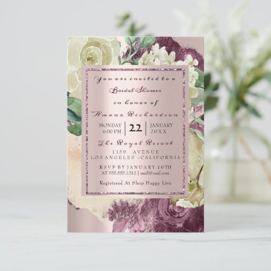 Bruidswaterverf Marsala Witte Bloem Roze Goud Kaart (Staand voorkant)