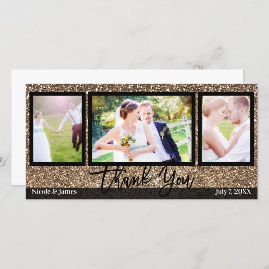 Bruiloft 3 Foto Afbeelding Bronzen Glitter Dank u Bedankkaart (Voorkant / Achterkant)