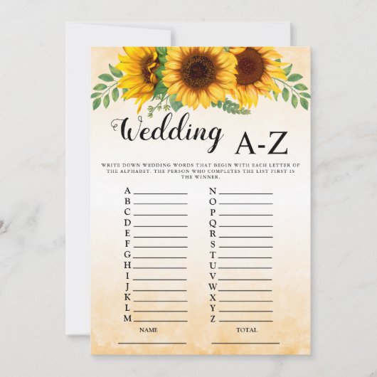 Bruiloft A-Z Zonnebloem Bruidsspel Uitnodiging (Voorkant)