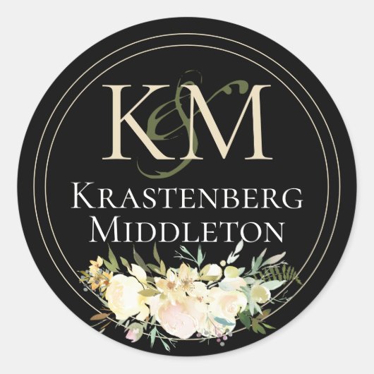 Bruiloft Aangepaste Monogram Naam Cream Zwart Ronde Sticker (Voorkant)