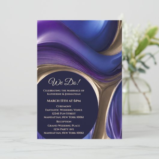 Bruiloft-Abstract Fluid Art-Blue Paarse en Gold- Kaart (Staand voorkant)