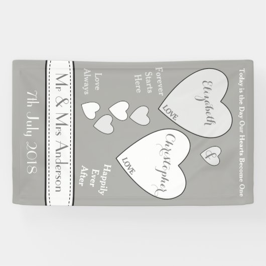 Bruiloft Achtergrond grijs en wit met liefdesharte Spandoek (Horizontaal)