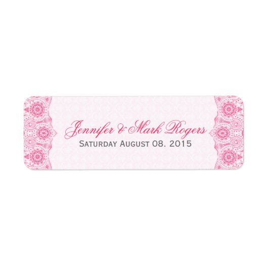Bruiloft adres Label Roze Kant & Damasks Terug (Voorkant)