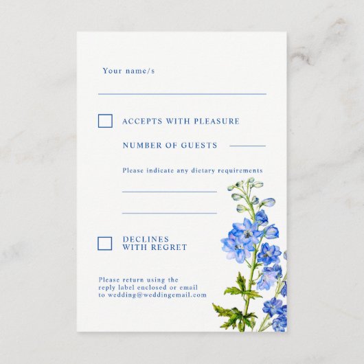 Bruiloft antwoord blauwe delphinium bloemen informatiekaartje (Achterkant)