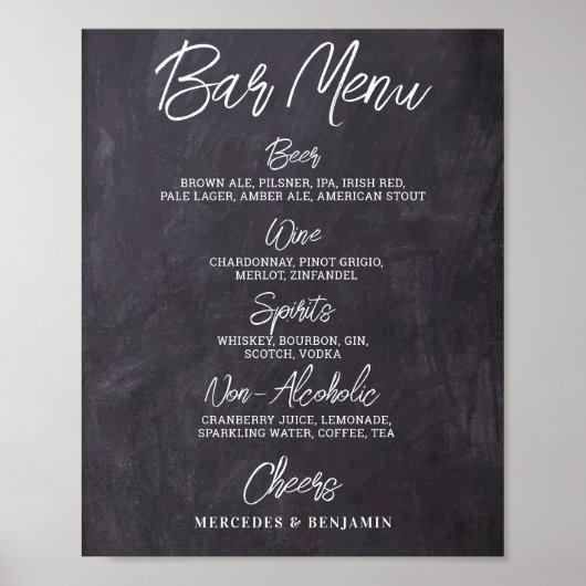 Bruiloft Bar Met Gepersonaliseerd Drankmenu Op Rus Poster (Voorkant)
