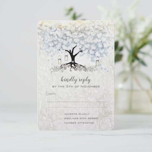 Bruiloft Bell Blauw Hart Blad Boom Bruiloft RSVP Kaart (Staand voorkant)