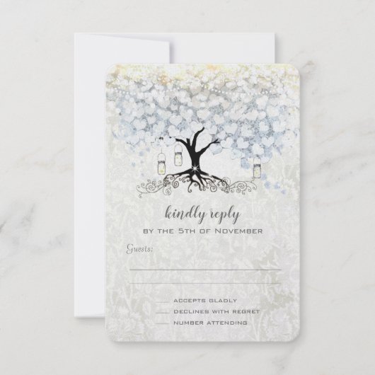 Bruiloft Bell Blauw Hart Blad Boom Bruiloft RSVP Kaart (Voorkant)