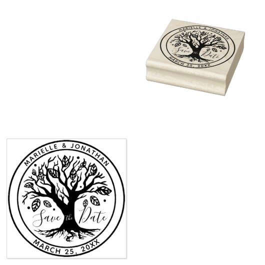 Bruiloft Bewaar de datum Boho Tree Monogram Namen Rubberstempel (Gestempeld)