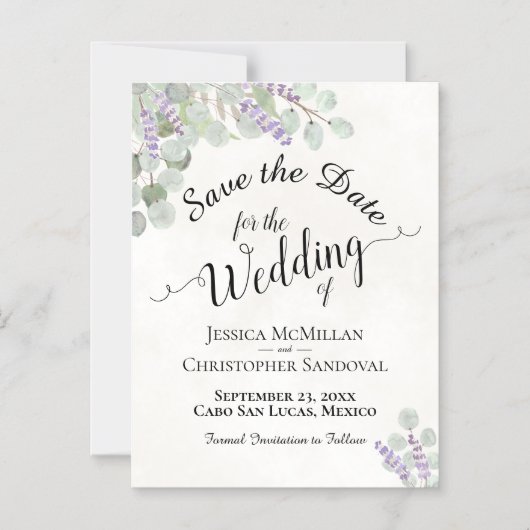 Bruiloft Bewaar de datum Eucalyptus & Lavendel Wit Magnetische Uitnodiging (Voorkant)