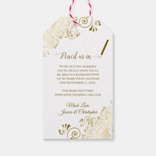 Bruiloft Bewaar de datum Potlood Ons In Gouden Fri Cadeaulabel (Achterkant)