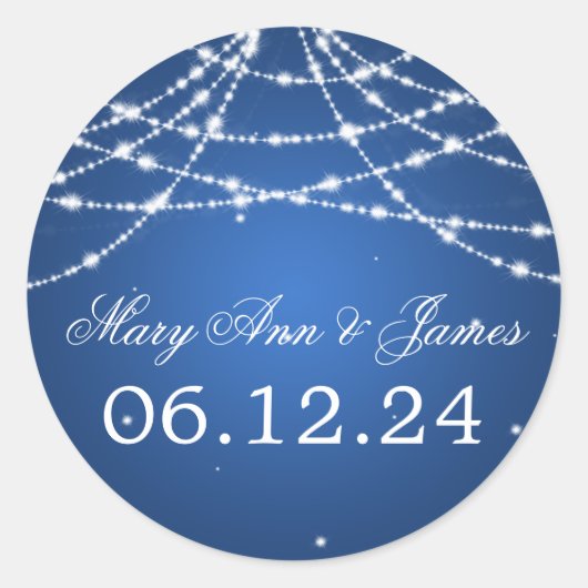Bruiloft Bewaar de datum Sparkling String Blue Ronde Sticker (Voorkant)
